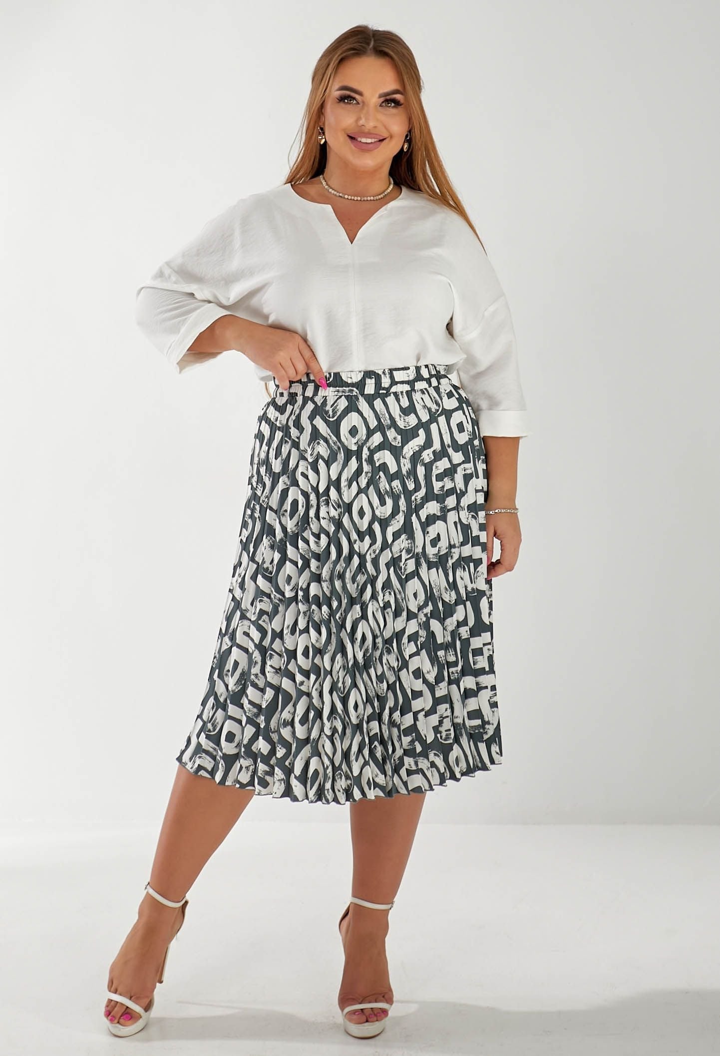 Спідниця 1063-21 сіро-блакитний, принт костюмка, плісе 44(р)