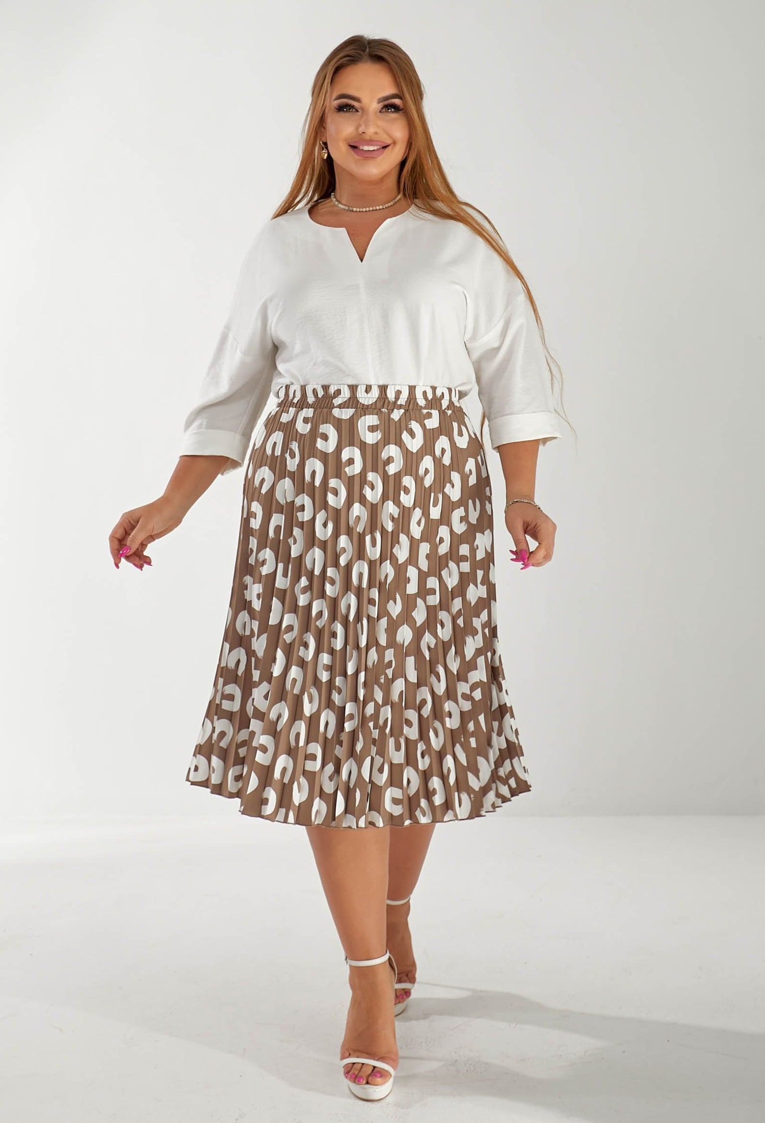 Спідниця 1063-22 капучино, принт костюмка, плісе 44(р)