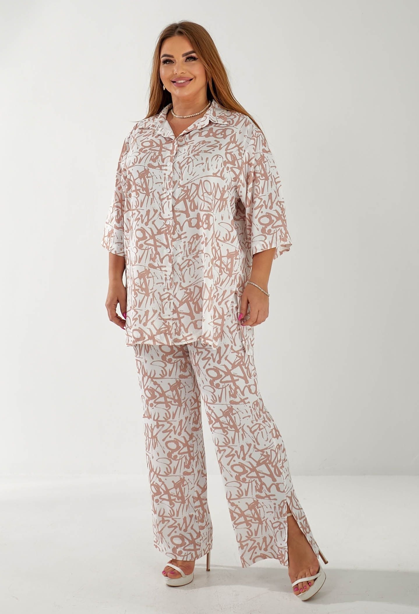 Брюки 9910 білий, принт креп-шовк 46(р)