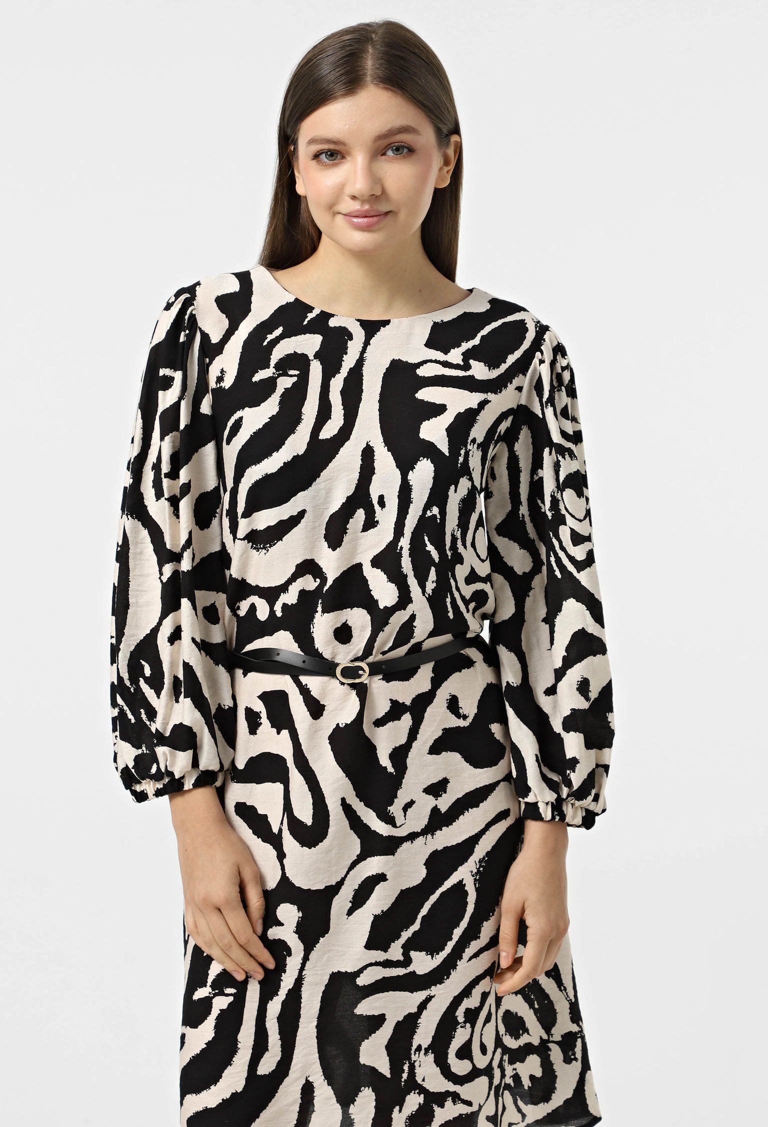 Плаття 7113-2 бежево-чорний, принт льон-жатка 46(р)