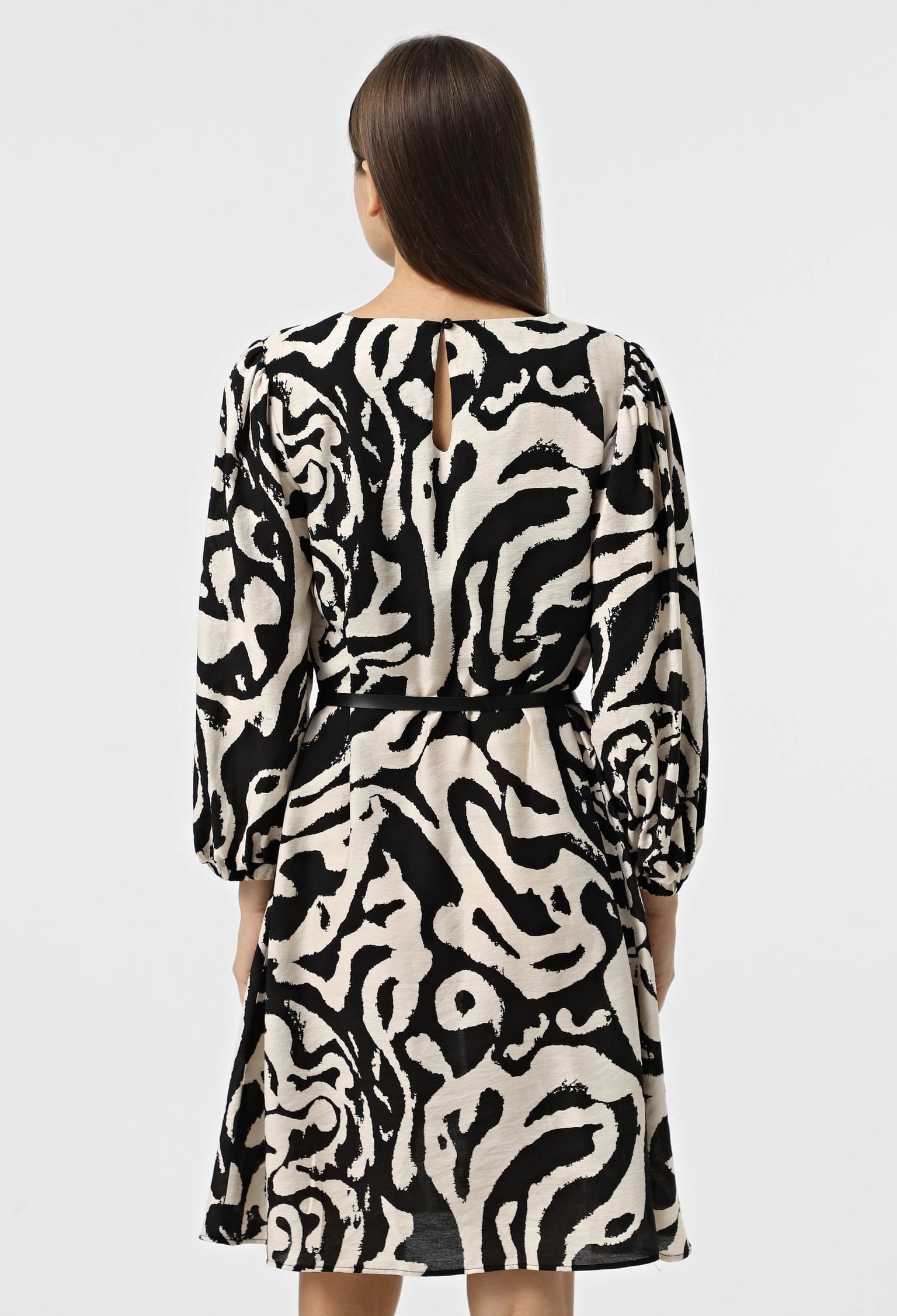 Плаття 7113-2 бежево-чорний, принт льон-жатка 46(р)